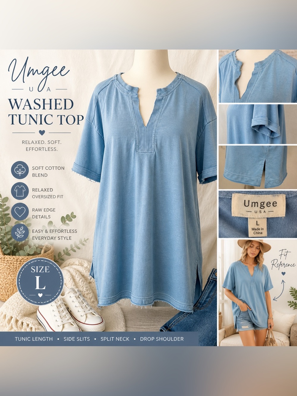 Umgee Women’s Washed Blue Tunic Top size L Raw Edge Split Neck Oversized